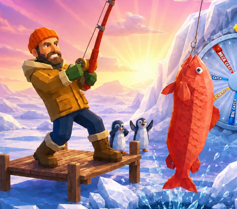 Fisherman reeling in a catch on the Fishing Time bonus wheel by BGaming